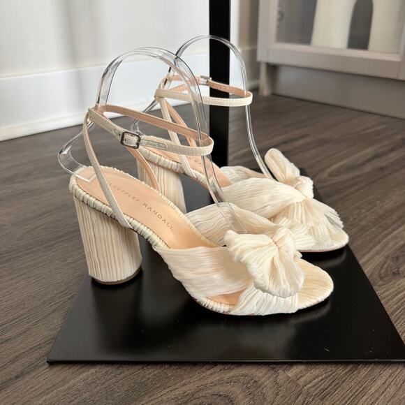 Loeffler Randall Camellia Bow Sandals NEW Pearl Pleated Ankle Wrap Heeled NWT 7 - Picture 2 of 8
